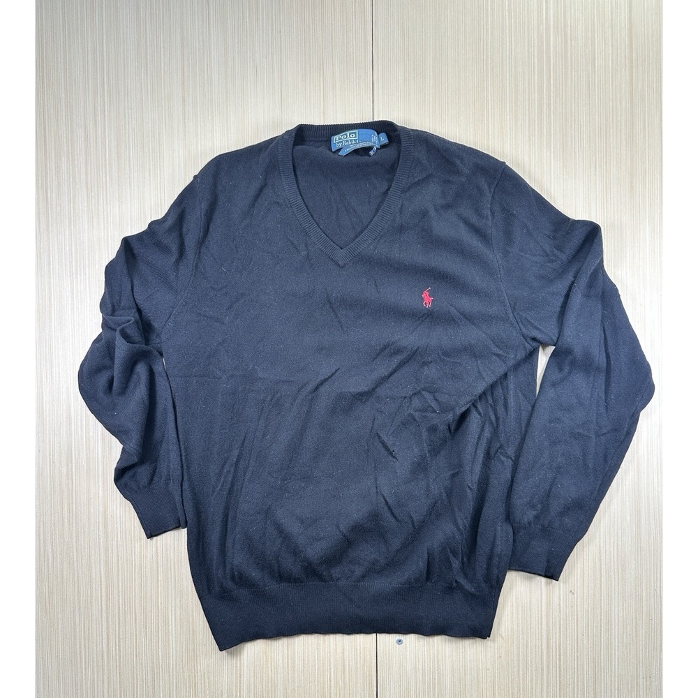 Polo by Ralph Lauren Sweater Mens Large Navy Blue Merino Wool V Neck Ribbed Hem‎